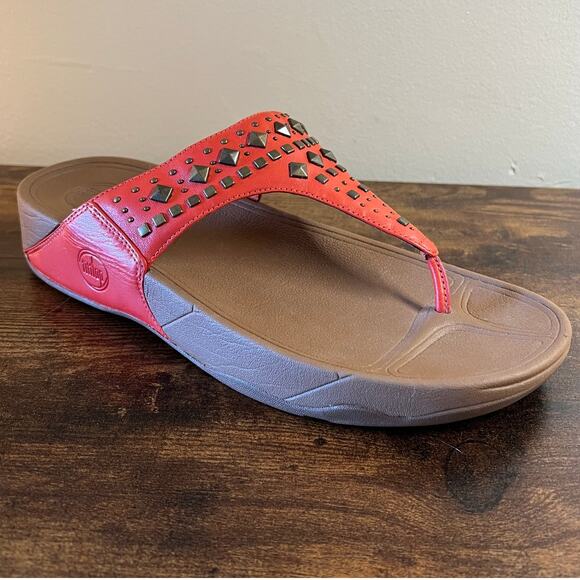 FitFlop Biker Chic Sandals 11 Women Orange Studded Thong Flip Flop Leather Strap - Picture 1 of 10